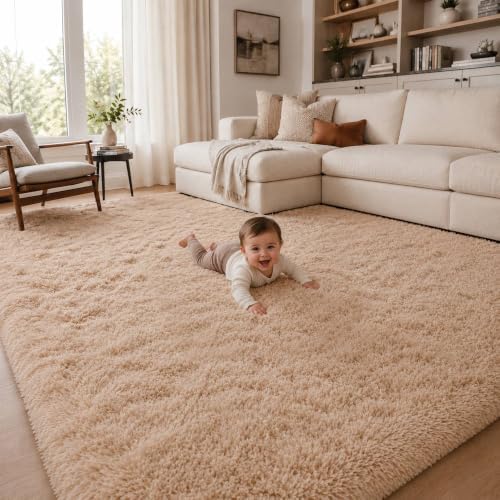 6x9 Ft Beige Fluffy Area Rug for Living Room, Soft Washable Carpet by OHWPEAT