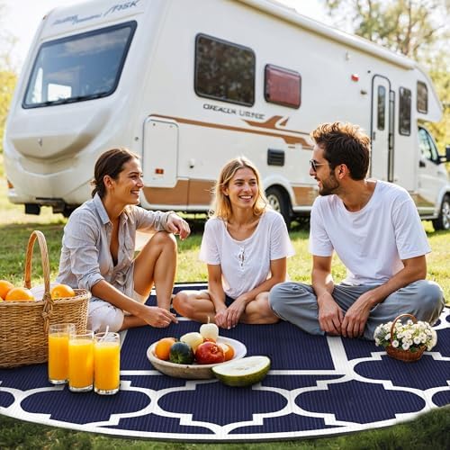 GENIMO Outdoor Rug, Waterproof Plastic Rugs for Patio, 10' Round Blue White - Image 3