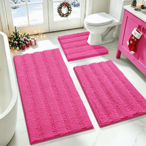 ACCUMTEK Christmas Striped Hot Pink Bathroom Rug Set 3 Pieces Ultra Soft, Non Slip Chenille Toilet Mat, Absorbent Plush Shaggy Bath Mats for Bathroom, Bedroom, Kitchen, Peach by ACCUMTEK