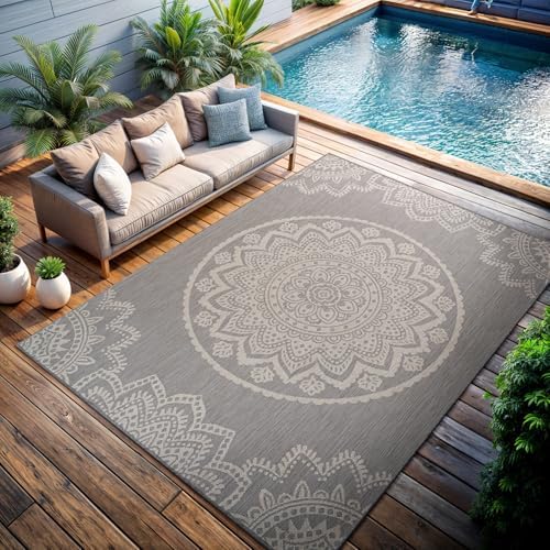 CAMILSON Outdoor Rug 6x9 Modern Area Rugs for Indoor and Outdoor Patios and Porches - Waterproof, Washable, Non-Shedding, Easy-to-Clean Outside Carpet (6 x 9, Medallion - Grey/White) - Image 5