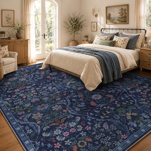 8x10 Large Floral Area Rug Soft Living Room Rug Blue Carpet - Image 3