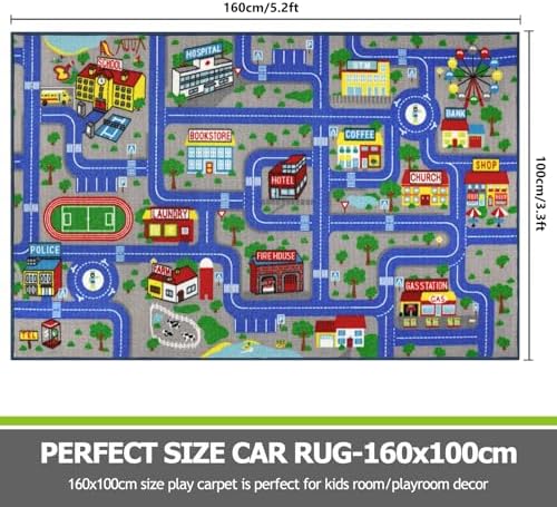 Capslpad Blue Car Road Kid Rug Carpet Playmat for Playoom Traffic Road Kids Play Mat for Toddler Non Slip Washable City Map Race Track Carpet Rug for Kids Room Bedroom Nursery Room Decor,5.2'x3.3' - Image 2