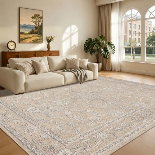 RCTJHOME 8x10 Beige Grey Vintage Floral Washable Area Rug Non-Slip Carpet by RCTJHOME