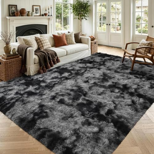 5x7 Tie-dye Dark Grey Fluffy Soft Area Rug Non-Slip for Living Room Bedroom by ModernHomeDecor