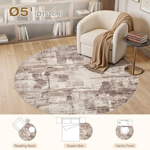 kakania Abstract 5x5 Round Rugs for Living Room: Circle Rugs 5FT Brown - Image 2
