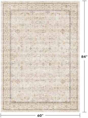 Washable Ivory 5x7 Rug for Bedroom, Home Office, Non Slip Dinning Rugs for Under Table, Low Pile Neutral Farmhouse Retro Living Room Carpet - Image 2