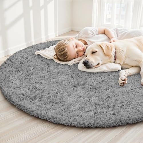 Light Gray Round Fluffy Rug 6ft Plush Fuzzy Shaggy Carpet - Image 3