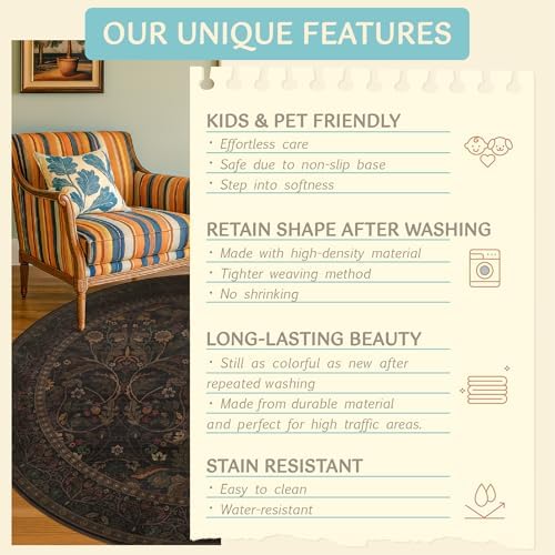 7ft Round Rug for Living Room, Moody Farmhouse Floral Circle Area Rug, Washable Dark Brown Botanical Carpet for Under Bed, Soft Low-Pile Vintage Carpet for Study, Guest Room, Aesthetic Decor - Image 5