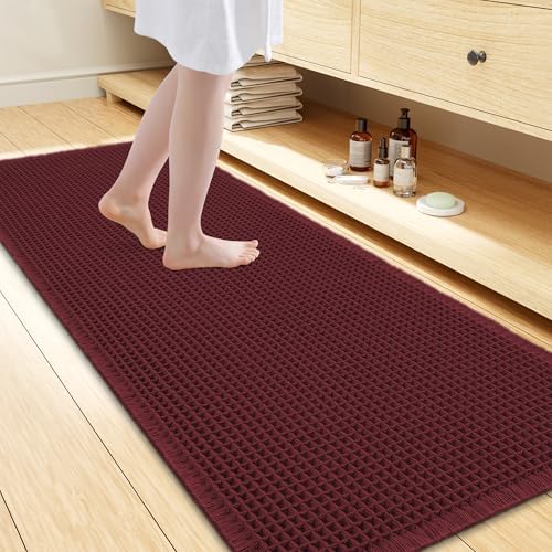 Smiry Waffle Bath Mat 60X24, Extra Soft Absorbent Bathroom Rugs, Burgundy by Smiry