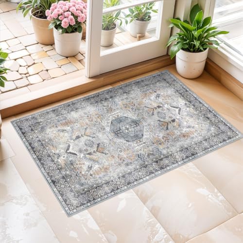 Washable Entryway Area Rug 2x3 - Small Doormat Vintage Distressed Rugs Oriental Non-Slip Stain Resistant Carpet Soft Thin Non-Shedding Indoor Floor Mat for Bedroom Bathroom Kitchen (Grey/Blue,2x3) - Image 2