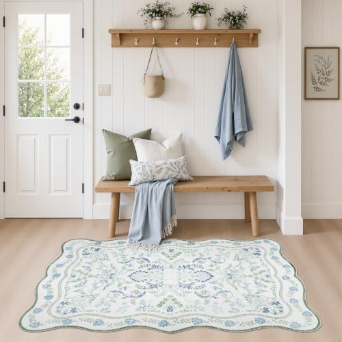 DCX Blue and Green 2x3 Rug, Washable Botanical Scalloped Rug - Image 3