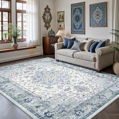 5x7 Area Rugs - Washable Rug Vintage Distress Boho Medallion Rugs for Living Room, Soft Non-Slip Backing Low Pile Carpet for Bedroom Dining Room Office Nursery Dorm Home, Blue Grey Purple by Yarooge
