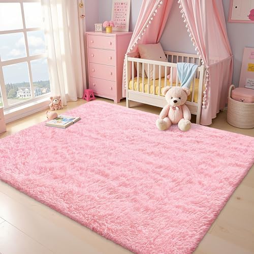 OLANLY Area Rugs for Living Room Bedroom, Machine Washable 4x5.9 ft Soft Fluffy Shaggy Bedside Rug, Indoor Floor Carpet for Kids Girls and Boys, Dorms, Nursery Rooms, Home Decor Aesthetic, Pink by OLANLY