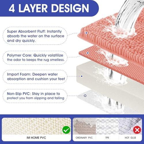 ACCUMTEK Solarei Striped Coral Bathroom Rug Mat 36"x24" Ultra Soft, Non Slip Chenille Bath Rugs, Absorbent Plush Shaggy Bath Mats for Bathroom, Bedroom, Kitchen, Shower, Tub - Image 4