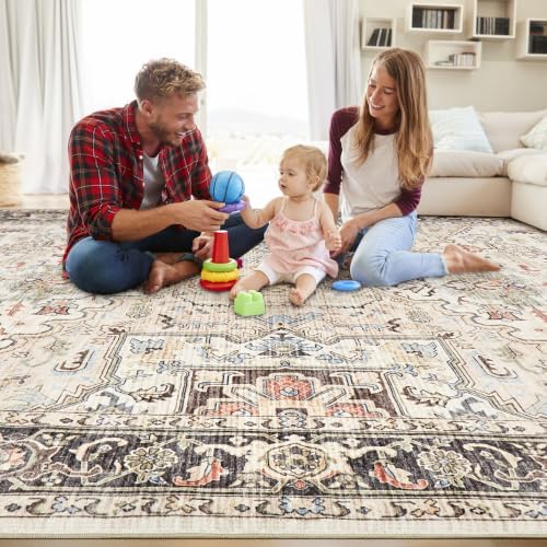 11x14 Area Rugs for Living Room - Large Carpet Ultra Thin Soft Washable Oriental Vintage Floral Distressed Big Indoor Carpets for Bedroom Nursery Dorm Home Decor Aesthetic - Multi Color - Image 5
