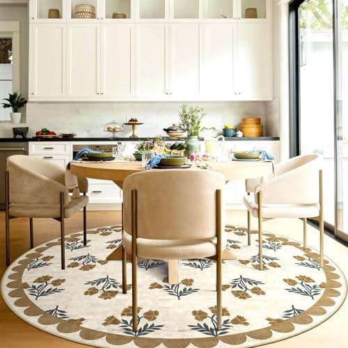 Beige Boho Round Rug 5ft - Soft Washable Floral French Country Scalloped Circle Rug for Bedroom Non Slip 5x5 Stain Resistant Round Area Rug for Living Room Dining Room Kids Room Playroom Foyer - Image 5