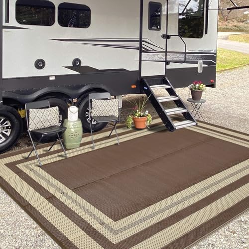 GAOMON Outdoor Rug 8x10 Area Rugs for Patio Waterproof Plastic Straw Rug Reversible Patio Rugs RV Camping Outdoor Carpet for Porch Patio Outside RV Deck Balcony Picnic Beach Decor Border-Brown/Beige by GaoMon