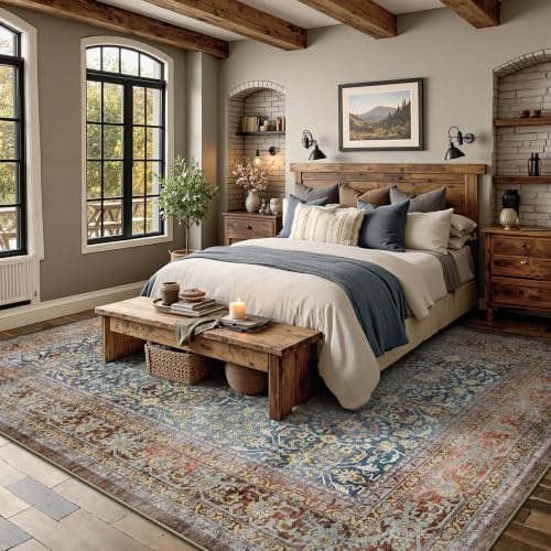 6x9 Area Rugs - Washable Vintage Retro Living Room Rug, Soft Ultra Thin Non Slip Low Pile Distressed Boho Traditional Carpet for Bedroom Dining Room Nursery Home Office, Rust Clay - Image 3