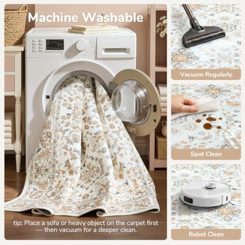 Lessymo Floral 8x10 Area Rugs for Living Room,Large Washable Carpet Beige - Image 5