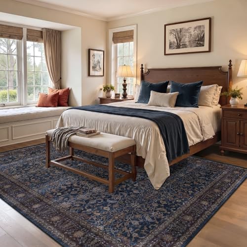 Washable Area Rug 10'x14' Living Room, Vintage Old Money, Dark Blue - Image 4