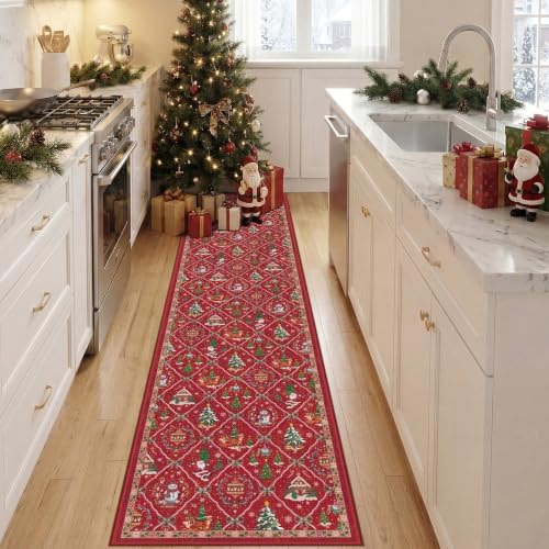 2x10 Christmas Runner Rug, Non-Slip Red Xmas Holiday Decor Hallway Runner Rug, Washable Soft Long Christmas Floor Carpet for Hallway, Entryway, Living Room, Bedroom, Laundry Room by Unknown