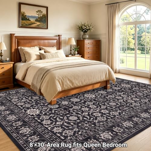 RCTJHOME 8x10 Black Floral Gothic Washable Area Rug Non-Slip Soft Carpet - Image 2