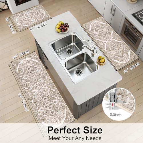 HEBE Boho Kitchen Rugs Set of 3, Non Slip Washable Kitchen Mats for Floor - Image 2