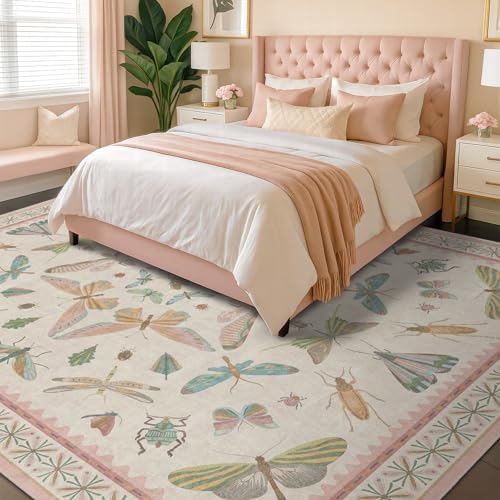 Hazo Haus 9x12 Pink Area Rug for Girls Bedroom, Washable Living Room & Dining Room Rug with Pastel Flower Insect Print, Whimsical Décor Carpet by HazoHaus