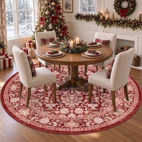 Washable 6ft Round Christmas Dorm Rug Soft Boho Xmas Red Throw Carpet by HOME