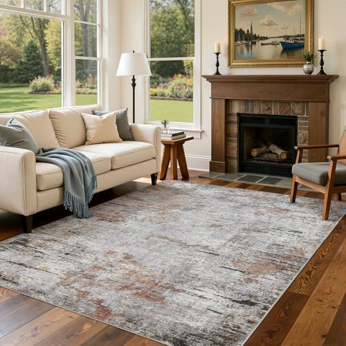 DMOYEST Area Rug Living Room Rugs - 5x7 Large Soft Indoor Neutral Modern Abstract Low Pile Washable Rug Carpet for Bedroom Dining Room Farmhouse Home Office - Grey Rust - Image 6