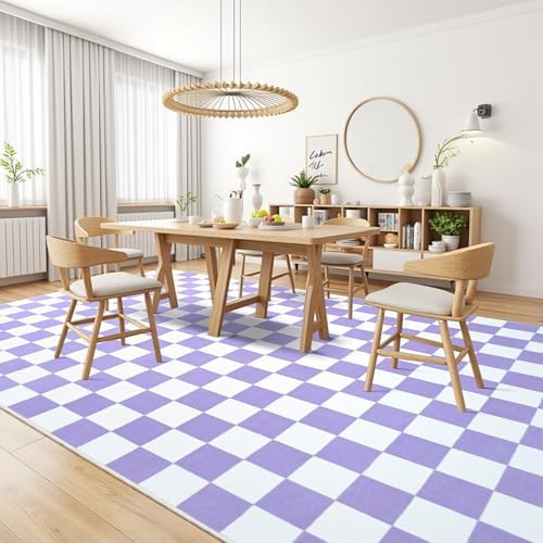 Terrug Purple and White Checkered Rug for Living Room,6x9 Area Rugs Washable with Non Slip for Bedroom,Soft Low Pile Stain Resistance Retro Carpet for Dorm Kids Room - Image 4