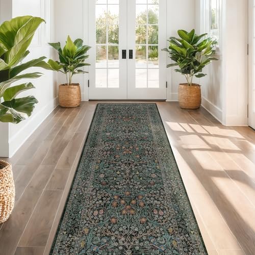 Dark Green 3x10 ft Extra Long Wide Runner Rug for Hallway Non Slip Washable, Large Kitchen Indoor Floor Rugs for Entryway Bathroom Bedroom, Stain Resistant Vintage Floral Carpet by HazoHaus