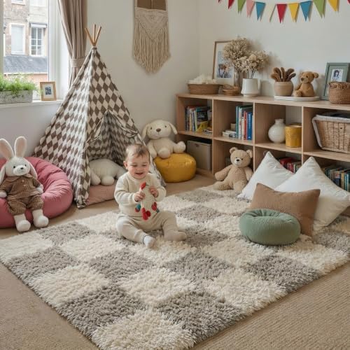 PureCozy Grey 4x6 Area Rug for Kids Room Soft Fluffy Checkered Shag Carpet - Image 3
