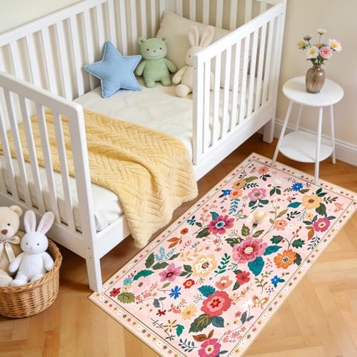Floral Washable 2x4 Area Rugs Runner Entryway Hallway Pink - Image 3