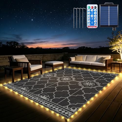 9x12Ft Outdoor Rug, Solar Powered Outdoor Rug with 131LEDs Strip Lights for House Deck, Waterproof Plastic Reversible Outdoor Straw Rugs, Rugs Mat RV Camping Patio Beach Balcony Picnic (Black Gray) by Capybland