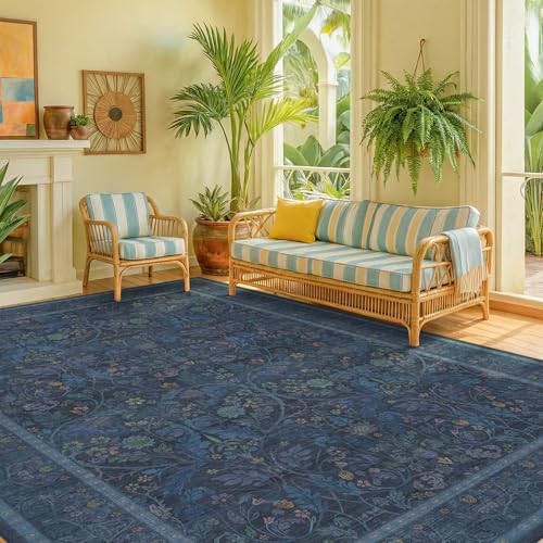 9x12 Vintage Big Floor Rugs for Living Room, Machine Washable Soft Dark Blue Rugs for Bedroom, Low Pile Carpet with Vintage & Boho Décor Floral and Botanical Pattern - Image 6
