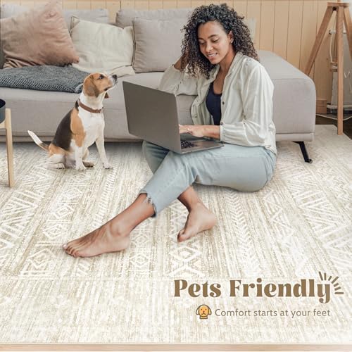 6x9 Area Rugs for Living Room: Washable Moroccan Geometric Boho Rug Farmhouse Non Slip Stain Resistant Large Rug Low Pile Soft Carpet for Bedroom Dining Room Home Office Kids Room (Ivory Beige,6'x9') - Image 5