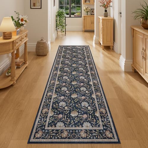 DUKINO 2x6 Runner Rug, Washable Vintage Floral Kitchen Rug, Navy Blue by DUKINO