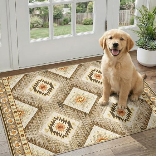 Area Rug 2x3 Rug Machine Washable Non-Slip Low Pile Print Pattern Western Rug for Living Room Bedroom Entryway Tribal Series -Cream/Camel by BESTSWEETIE