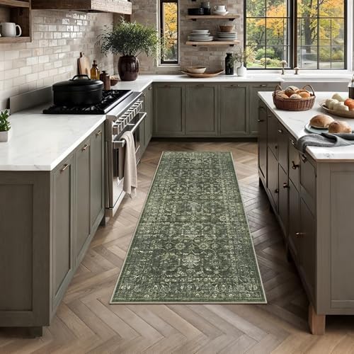 2x5 Washable Kitchen Runner Rug Non-Slip Boho Dark Green Throw Carpet - Image 2