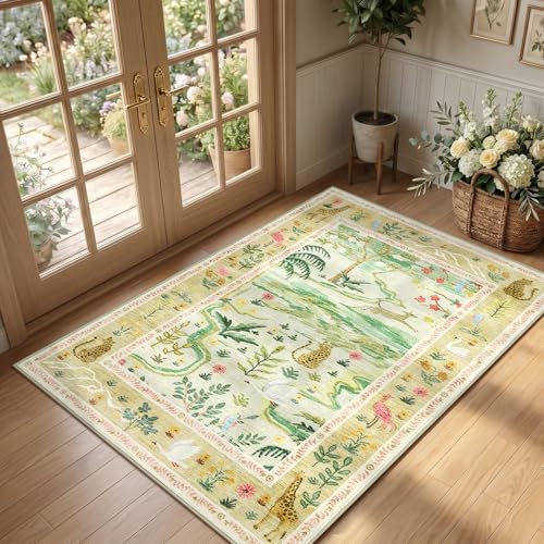2x3 Washable Area Rug for Entryway Non Slip Safari Nursery Rug Green Kids Room Rugs Low Pile Stain Resistant Jungle Animal Print Rugs Small Throw Mat for Living Room Bedroom Girls Room, Sage Green by Garvee