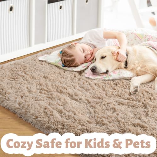 Amdrebio Beige Boho Fluffy Shag Neutral Area Rug 5x7 for Bedroom Nursery - Image 2
