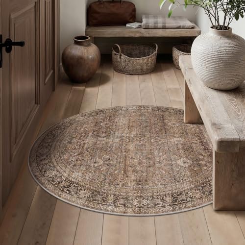 Schweek 4ft Round Rug Brown Washable Non-Slip Circle Rugs Neutral Area Rug - Image 2