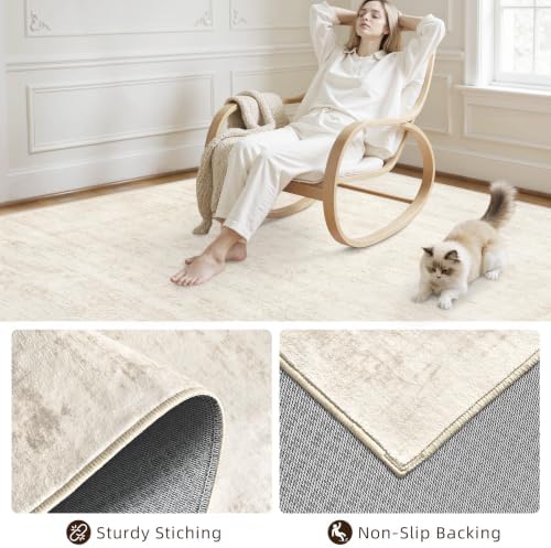 Area Rugs 5x7 Living Room: Washable Bedroom Neutral Carpet Retro Beige - Image 4