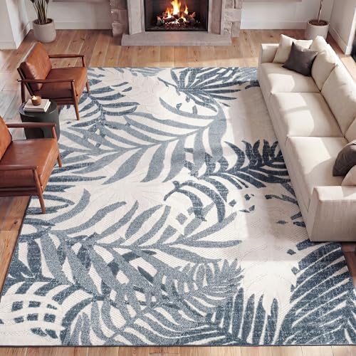 JONATHAN Y Tropics Palm Leaves Indoor Outdoor Area Rug 4X6 Cream/Dark Blue - Image 3