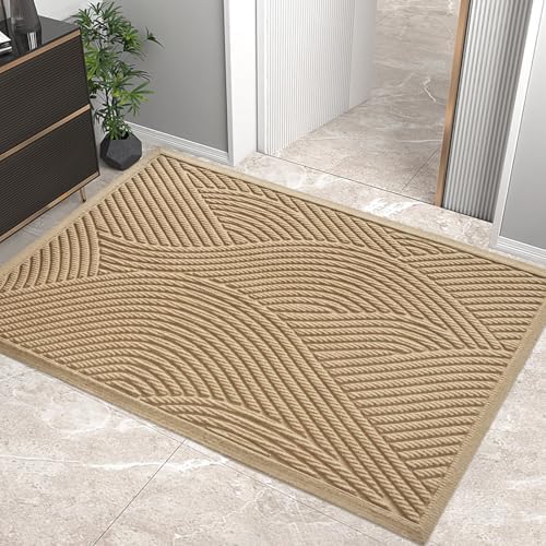 HIYARD Sturdy Front Door Mat, Absorbent Muddy Dirt Resist Welcome Door Mats Outdoor Indoor, Stain and Fade Resistant, Non-Slip Backing Entry Mat Low Profile Doormat for Entryway, 47×32, Beige by HIYARD