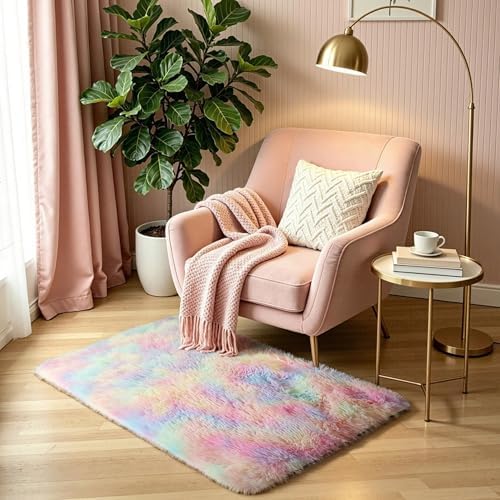 KICHOWUA Rainbow Unicorn Fluffy Fuzzy Rug 2x3, 2 Pcs Washable Non Slip Shag - Image 2