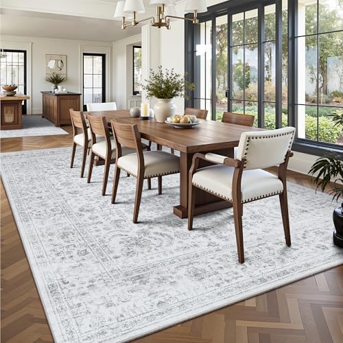 9x12 Area Rugs for Living Room, Washable Vintage Retro Floral Rug, Low Pile Non Slip Distressed Large Carpet for Bedroom, Dining Room, Office, Home (Grey) - Image 4