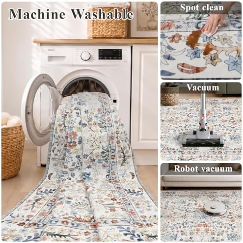 Area Rugs 8x10 Washable Non-Slip: Floral Vintage Rug for Living Room Beige - Image 5