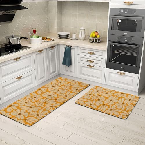 Spring Daisy Floral Kitchen Mats Decor, Yellow Retro Groovy Flower Power Kitchen Rugs Sets of 2, Vintage 1970s Floral Rug Home Decorations Indoor - Image 4